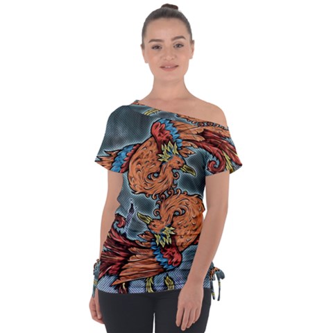 Chinese Phoenix Off Shoulder Tie-up Tee by ExtraGoodSauce