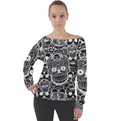 Sugar Skulls Bw Off Shoulder Long Sleeve Velour Top by ExtraGoodSauce