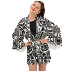 Sugar Skulls Bw Long Sleeve Kimono by ExtraGoodSauce