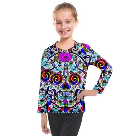 Sugar Skull Pattern 2 Kids  Long Mesh Tee by ExtraGoodSauce