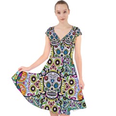 Sugar Skulls Pattern Cap Sleeve Front Wrap Midi Dress by ExtraGoodSauce