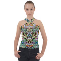 Sugar Skulls Pattern Cross Neck Velour Top by ExtraGoodSauce