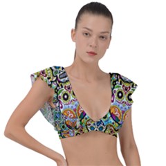 Sugar Skulls Pattern Plunge Frill Sleeve Bikini Top by ExtraGoodSauce