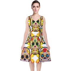 Sugar Skulls V-Neck Midi Sleeveless Dress 