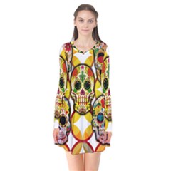 Sugar Skulls Long Sleeve V-neck Flare Dress