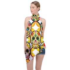 Sugar Skulls Halter Asymmetric Satin Top