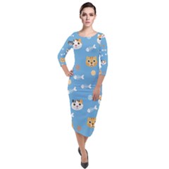 Cute Cat Pattern Quarter Sleeve Midi Velour Bodycon Dress by ExtraGoodSauce