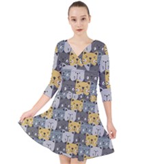 Cute Cat Pattern Quarter Sleeve Front Wrap Dress