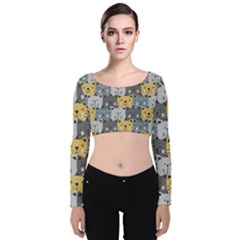 Cute Cat Pattern Velvet Long Sleeve Crop Top by ExtraGoodSauce