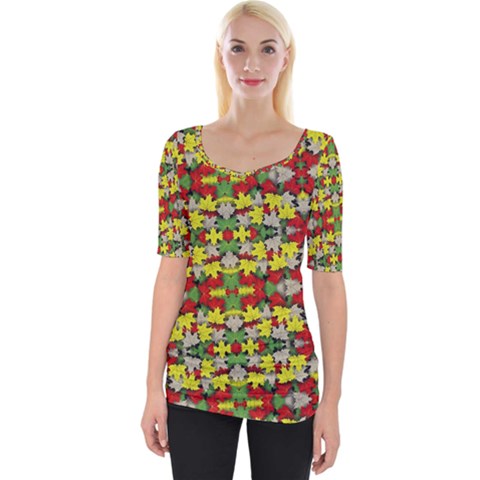 Leaves Pattern Wide Neckline Tee by ExtraGoodSauce