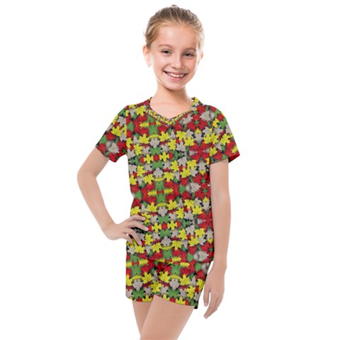 Leaves Pattern Kids  Mesh Tee And Shorts Set by ExtraGoodSauce