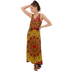 Mandela Flower Orange And Red V-neck Chiffon Maxi Dress