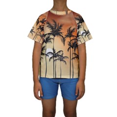 Sunset Palm Trees Beach Summer Kids  Short Sleeve Swimwear