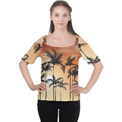 Sunset Palm Trees Beach Summer Cutout Shoulder Tee