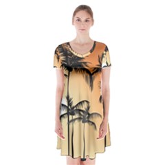 Sunset Palm Trees Beach Summer Short Sleeve V-neck Flare Dress