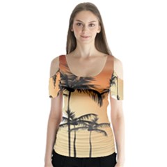 Sunset Palm Trees Beach Summer Butterfly Sleeve Cutout Tee 