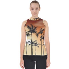 Sunset Palm Trees Beach Summer Mock Neck Shell Top