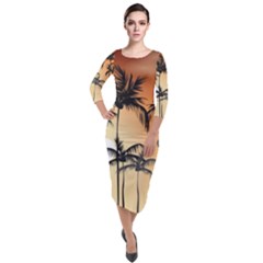 Sunset Palm Trees Beach Summer Quarter Sleeve Midi Velour Bodycon Dress