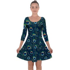 Watercolor Peacock Feather Pattern Quarter Sleeve Skater Dress by ExtraGoodSauce