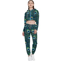 Watercolor Peacock Feather Pattern Cropped Zip Up Lounge Set by ExtraGoodSauce