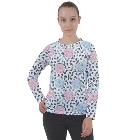 Cute Light Pink And Blue Modern Rose Pattern Women s Long Sleeve Raglan Tee by Grafftimi