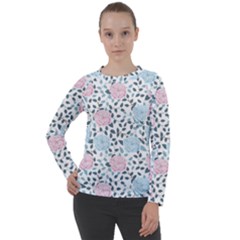 Cute Light Pink And Blue Modern Rose Pattern Women s Long Sleeve Raglan Tee