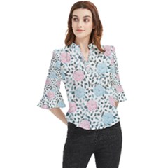 Cute Light Pink And Blue Modern Rose Pattern Loose Horn Sleeve Chiffon Blouse