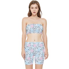 Cute Light Pink And Blue Modern Rose Pattern Stretch Shorts And Tube Top Set by Grafftimi