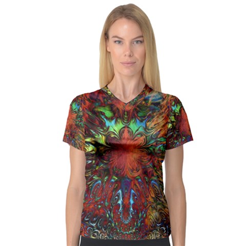 Boho Hippie Trippy Floral Pattern V-neck Sport Mesh Tee by CrypticFragmentsDesign