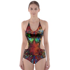 Boho Hippie Trippy Floral Pattern Cut-out One Piece Swimsuit by CrypticFragmentsDesign