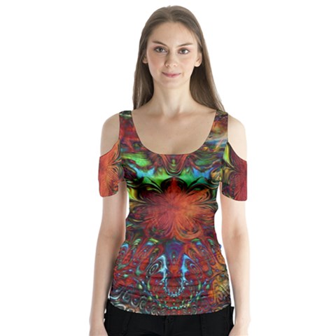 Boho Hippie Trippy Floral Pattern Butterfly Sleeve Cutout Tee  by CrypticFragmentsDesign