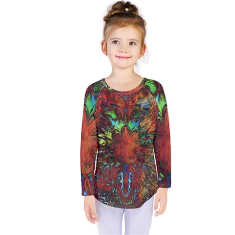 Boho Hippie Trippy Floral Pattern Kids  Long Sleeve Tee by CrypticFragmentsDesign