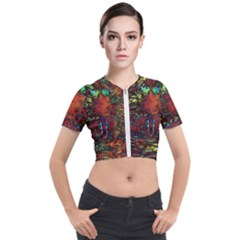 Boho Hippie Trippy Floral Pattern Short Sleeve Cropped Jacket by CrypticFragmentsDesign
