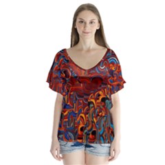 Phoenix in the Rain Abstract Pattern V-Neck Flutter Sleeve Top