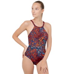 Phoenix In The Rain Abstract Pattern High Neck One Piece Swimsuit by CrypticFragmentsDesign