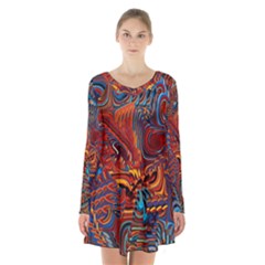 Phoenix Rising Colorful Abstract Art Long Sleeve Velvet V-neck Dress