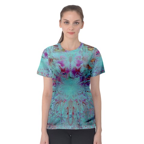 Retro Hippie Abstract Floral Blue Violet Women s Sport Mesh Tee by CrypticFragmentsDesign