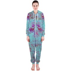 Retro Hippie Abstract Floral Blue Violet Hooded Jumpsuit (ladies)  by CrypticFragmentsDesign