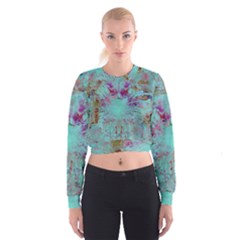 Retro Hippie Abstract Floral Blue Violet Cropped Sweatshirt by CrypticFragmentsDesign