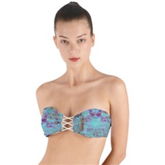 Retro Hippie Abstract Floral Blue Violet Twist Bandeau Bikini Top by CrypticFragmentsDesign