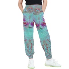 Retro Hippie Abstract Floral Blue Violet Kids  Elastic Waist Pants by CrypticFragmentsDesign