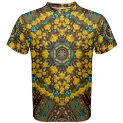 Mandala Faux Artificial Leather Among Spring Flowers Men s Cotton Tee by pepitasart