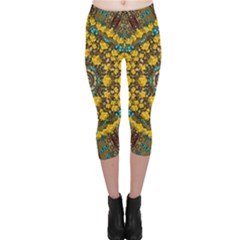 Mandala Faux Artificial Leather Among Spring Flowers Capri Leggings  by pepitasart