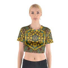 Mandala Faux Artificial Leather Among Spring Flowers Cotton Crop Top by pepitasart