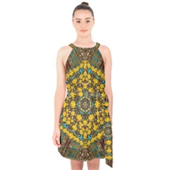 Mandala Faux Artificial Leather Among Spring Flowers Halter Collar Waist Tie Chiffon Dress by pepitasart