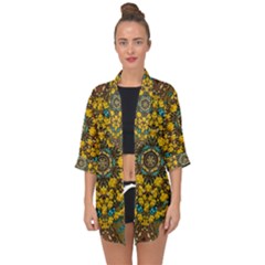 Mandala Faux Artificial Leather Among Spring Flowers Open Front Chiffon Kimono by pepitasart