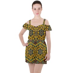 Mandala Faux Artificial Leather Among Spring Flowers Ruffle Cut Out Chiffon Playsuit by pepitasart