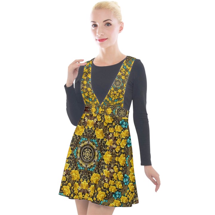 Mandala Faux Artificial Leather Among Spring Flowers Plunge Pinafore Velour Dress