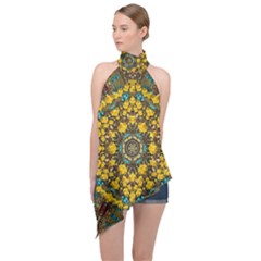 Mandala Faux Artificial Leather Among Spring Flowers Halter Asymmetric Satin Top by pepitasart