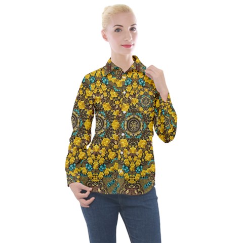 Mandala Faux Artificial Leather Among Spring Flowers Women s Long Sleeve Pocket Shirt by pepitasart